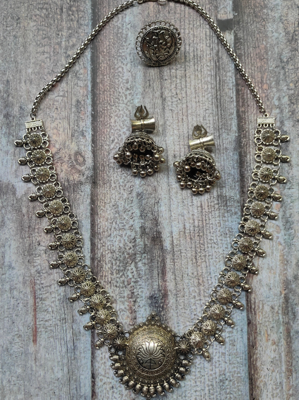 Set of 3 - Lotus Motif Long Chain Necklace with Ring and Trishul Earrings