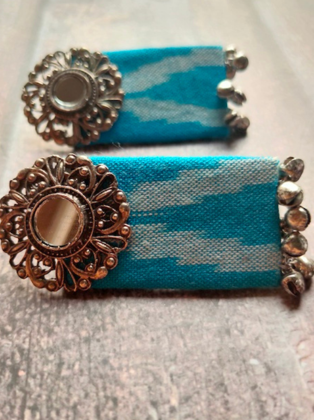 Blue Ikat Fabric Mirror Earrings