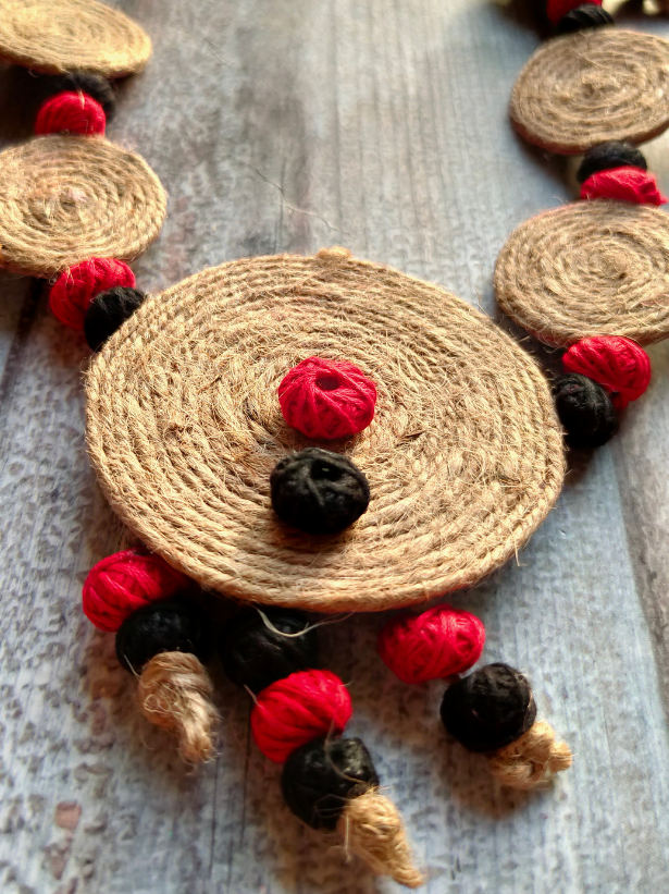 Handcrafted Jute and Fabric Beads Necklace Set with Dangler Earrings