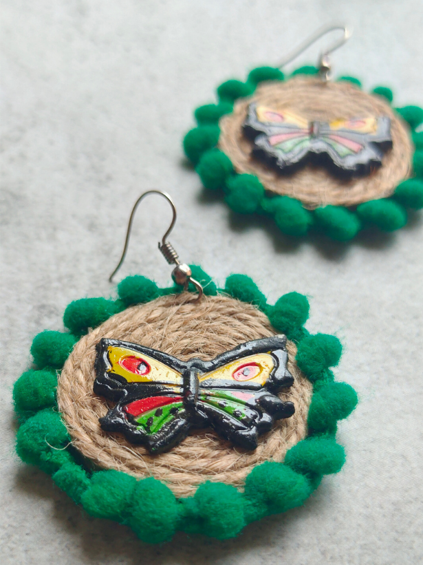Jute and Fabric Necklace Set with Hand Painted Wooden Butterflies Pendant