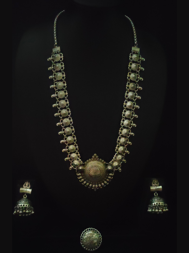 Set of 3 - Lotus Motif Long Chain Necklace with Ring and Trishul Earrings