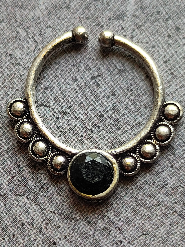 Four Stone Studded Oxidised Silver Septum Nosepins