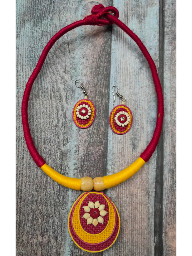 Minimalist Elegant Maroon & Yellow Jute Necklace Set with Thread Closure