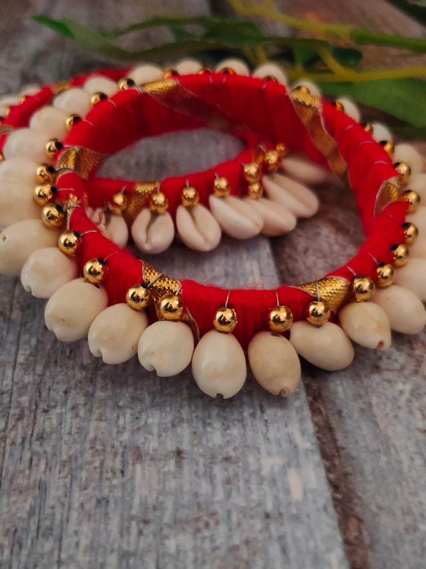 Red Gota and Shell Work Bangles