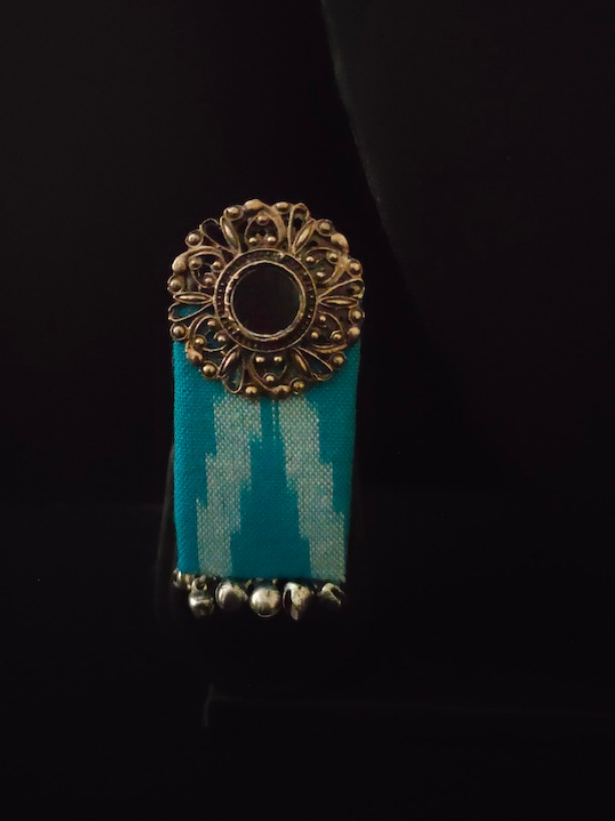 Blue Ikat Fabric Mirror Earrings