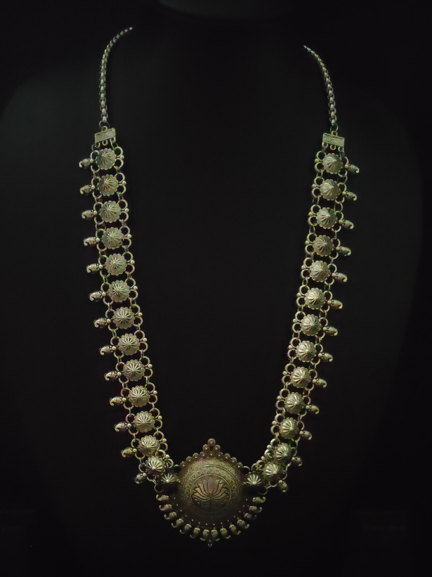 Set of 3 - Lotus Motif Long Chain Necklace with Ring and Trishul Earrings