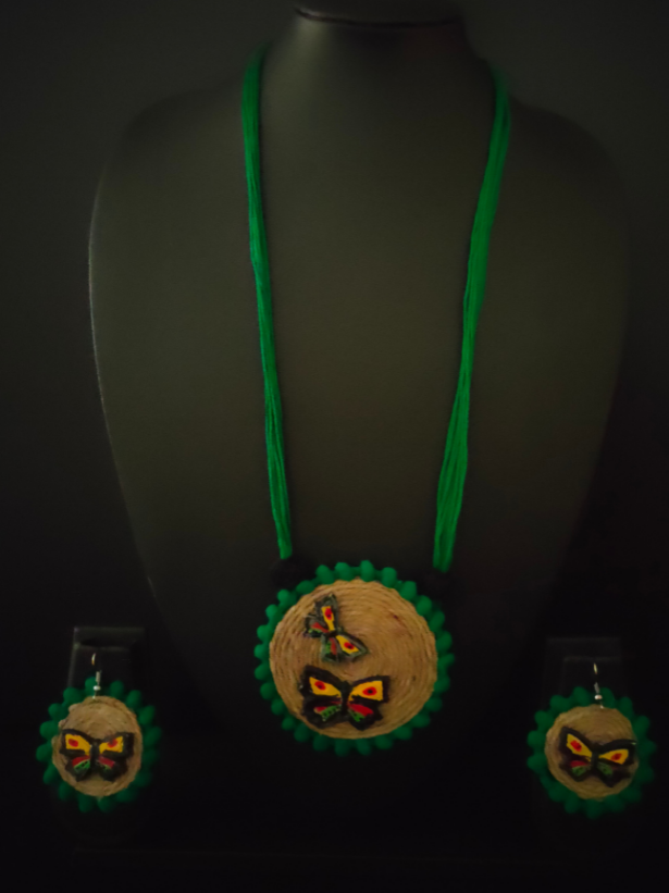 Jute and Fabric Necklace Set with Hand Painted Wooden Butterflies Pendant
