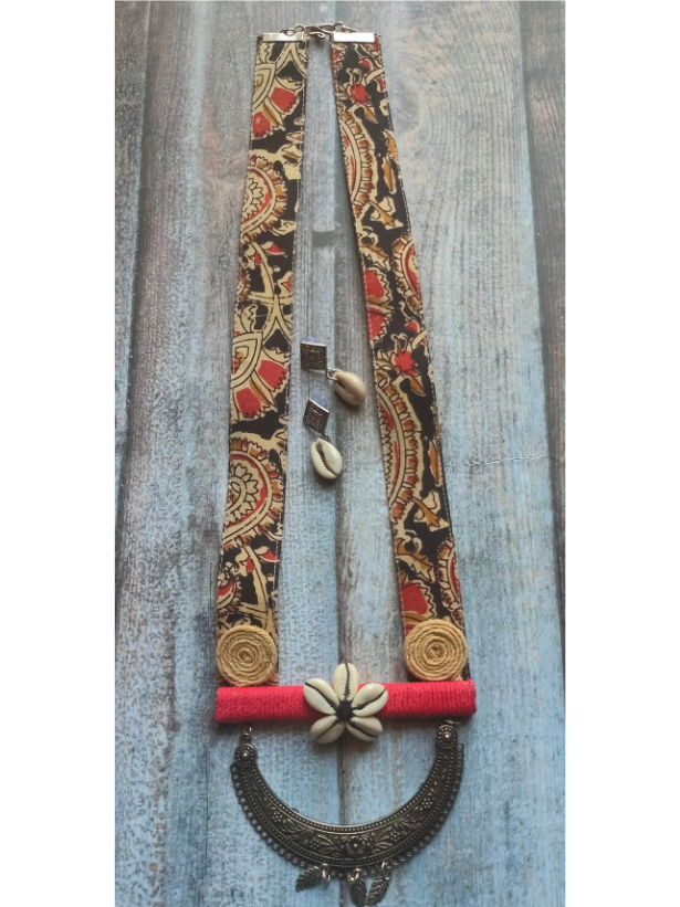 Kalamkari Fabric, Jute and Shells Statement Long Necklace Set
