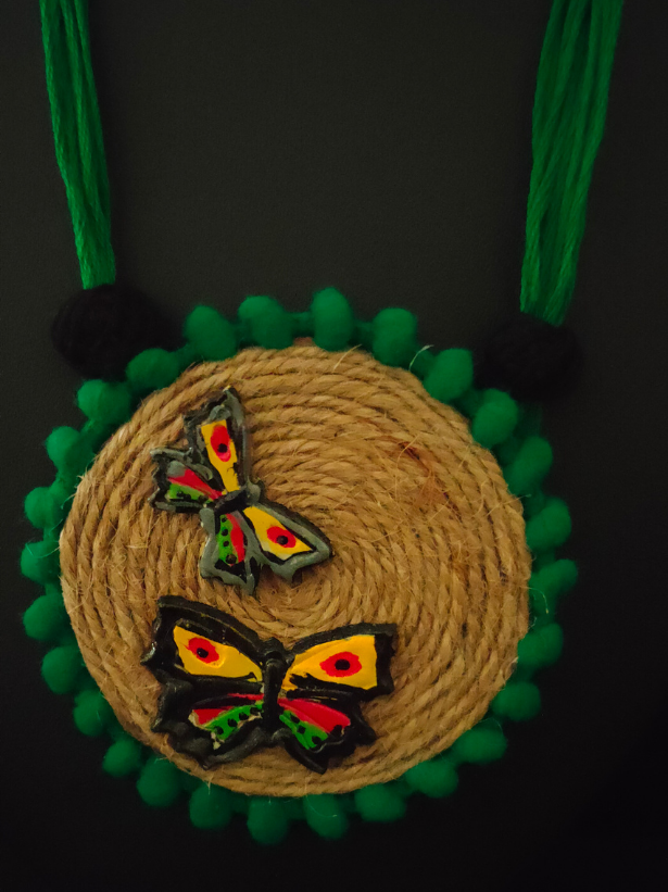 Jute and Fabric Necklace Set with Hand Painted Wooden Butterflies Pendant