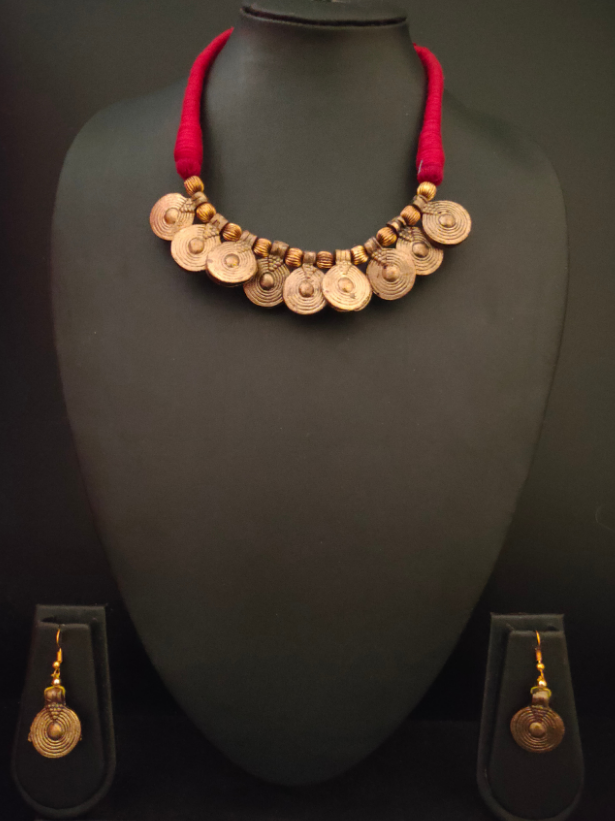 Brass Finish Dhokra Necklace Set with Thread Closure