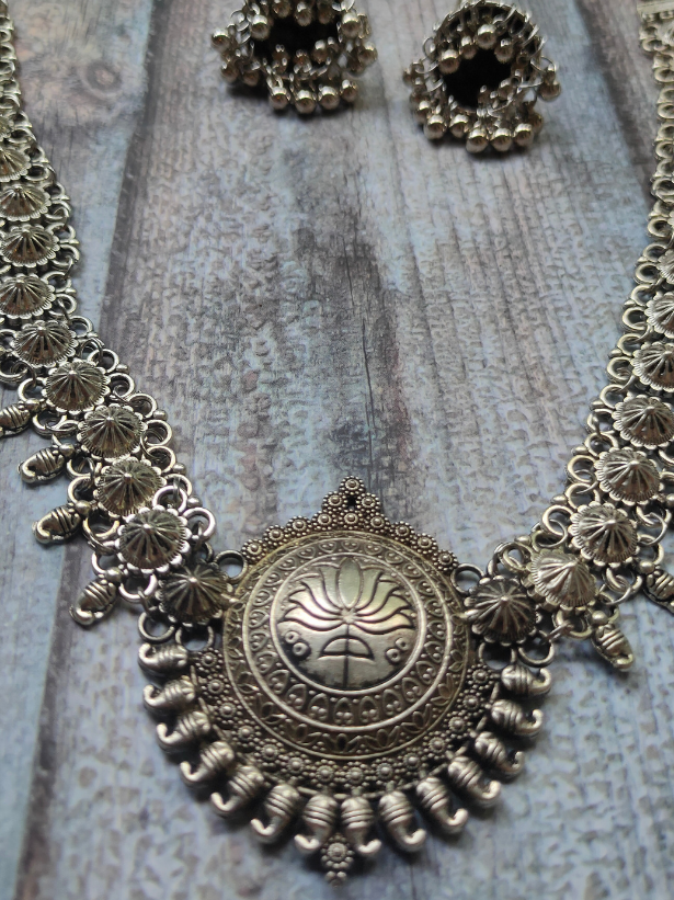 Set of 3 - Lotus Motif Long Chain Necklace with Ring and Trishul Earrings