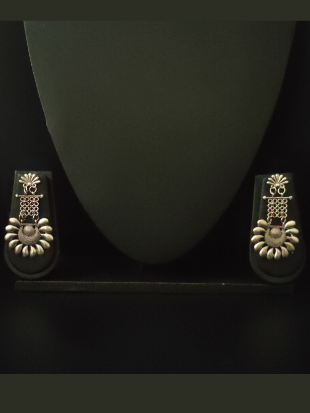 Oxidised Silver Long Mesh Flower Shaped Earrings