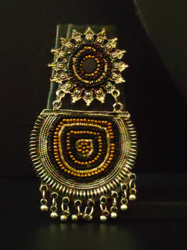 Oxidised Silver Metal Earrings with Black and Golden Beads