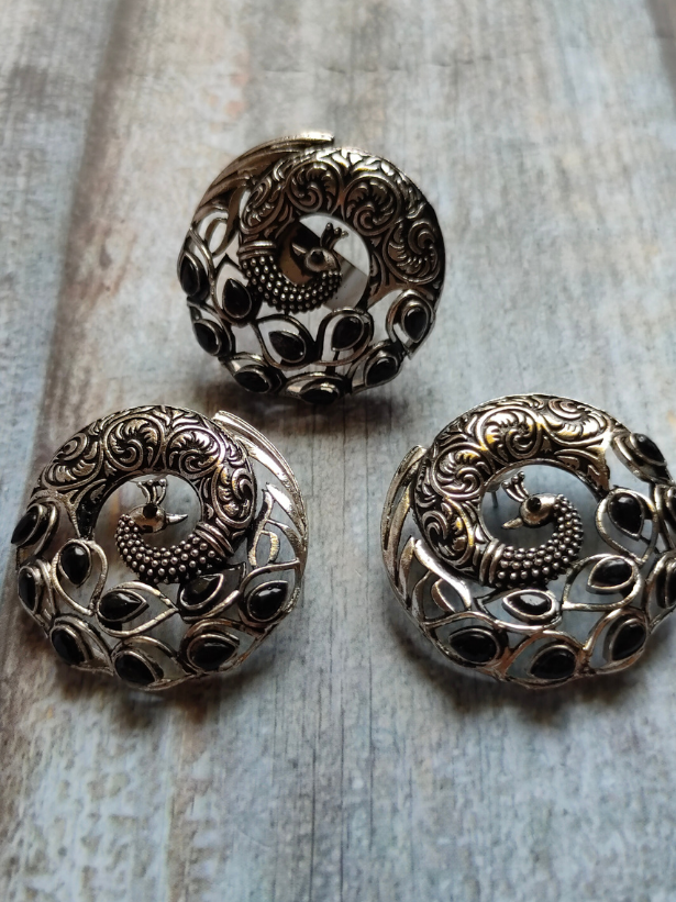 Set of 3 - Peacock Earrings and Ring with Black Stones