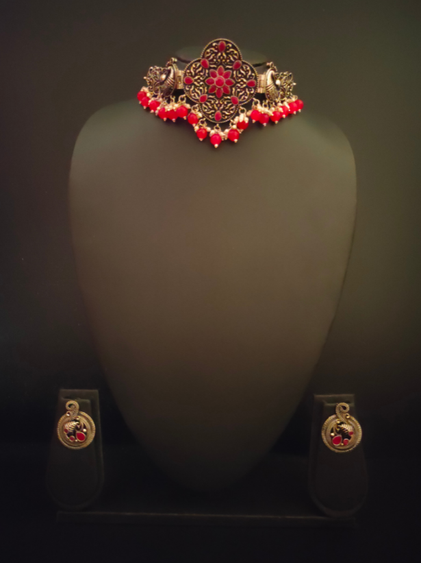 Oxidised Silver Choker Necklace Set with Rhinestones and Red Beads