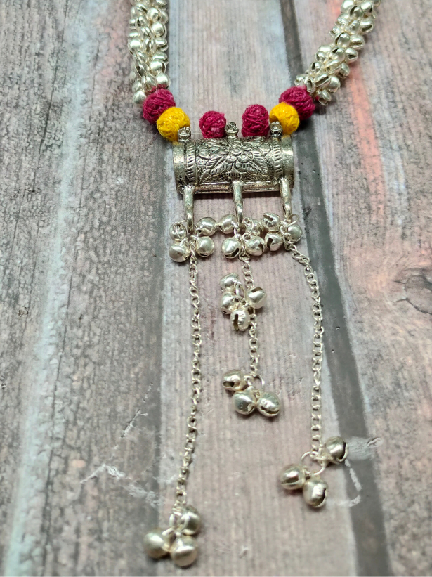 Fabric Beads and Metal Necklace Set with Dangler Earrings