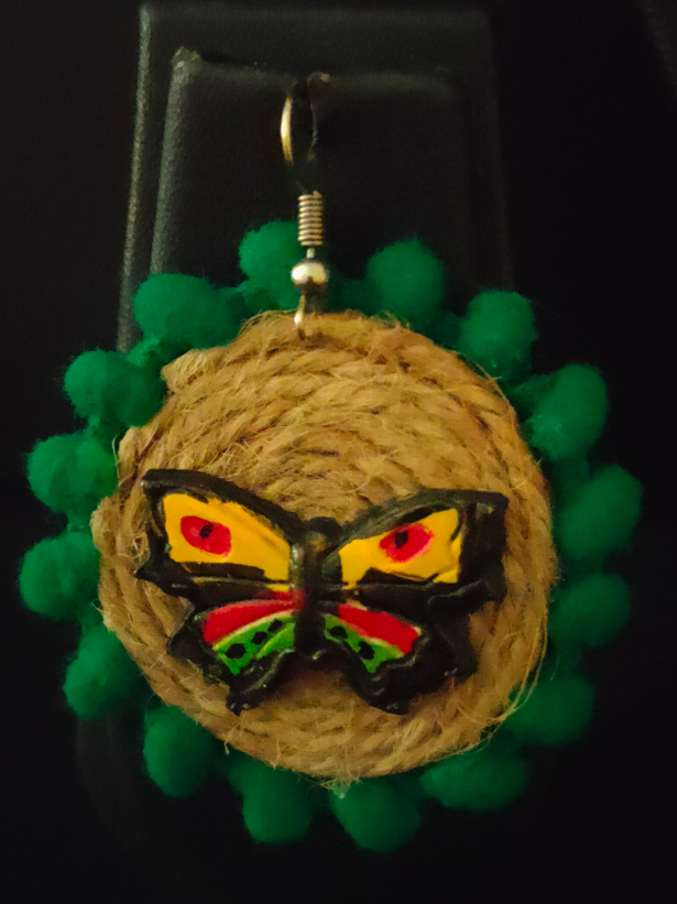 Jute and Fabric Necklace Set with Hand Painted Wooden Butterflies Pendant