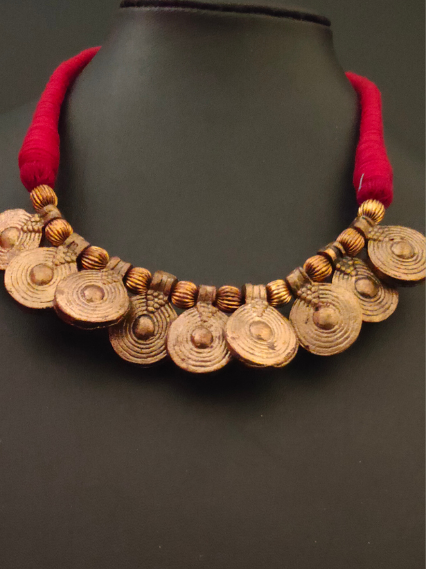 Brass Finish Dhokra Necklace Set with Thread Closure
