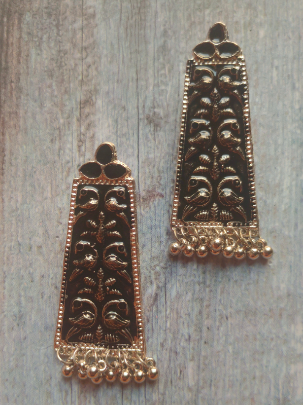 Black Enamel Painted Bird Motif Metal Dangler Earrings