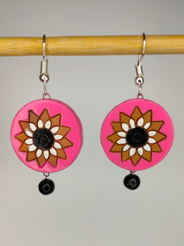 Pink Round Hand Painted Flower Terracotta Earrings