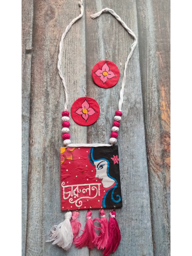 Red & White Hand Painted Woman Fabric Necklace Set with Thread Closure