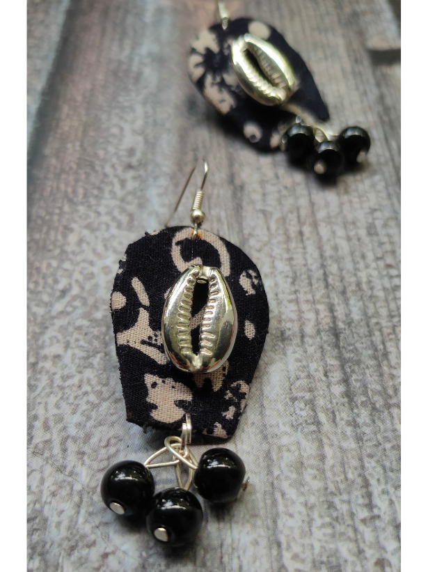 Black Fabric Dangler Earrings with Metal Shell and Glass Beads