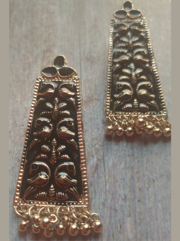 Black Enamel Painted Bird Motif Metal Dangler Earrings