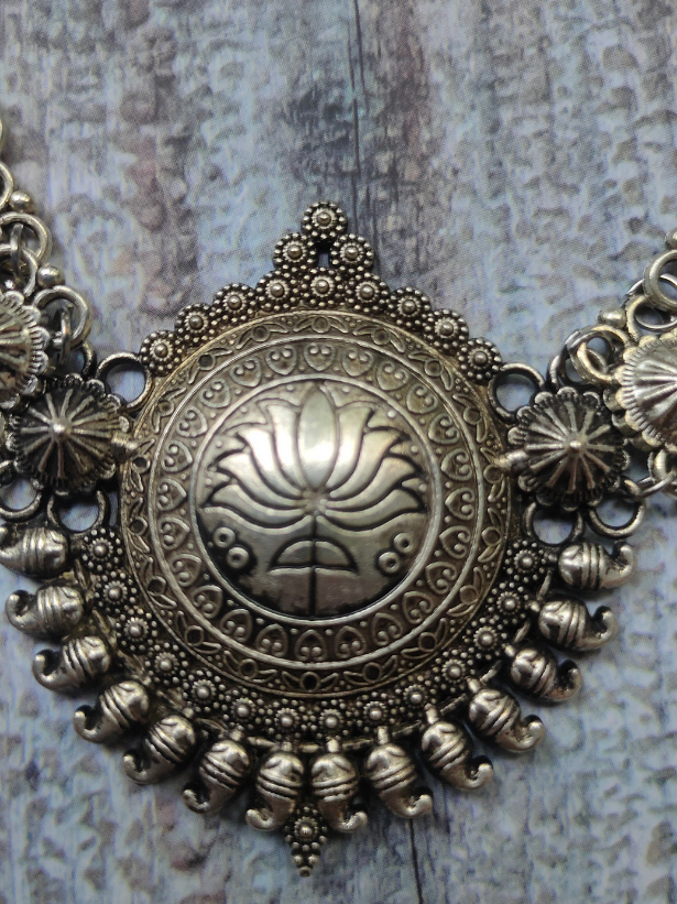 Set of 3 - Lotus Motif Long Chain Necklace with Ring and Trishul Earrings