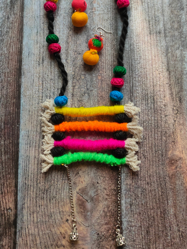 Handcrafted Rope Necklace Set with Fabric Beads
