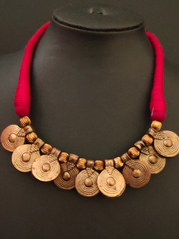 Brass Finish Dhokra Necklace Set with Thread Closure