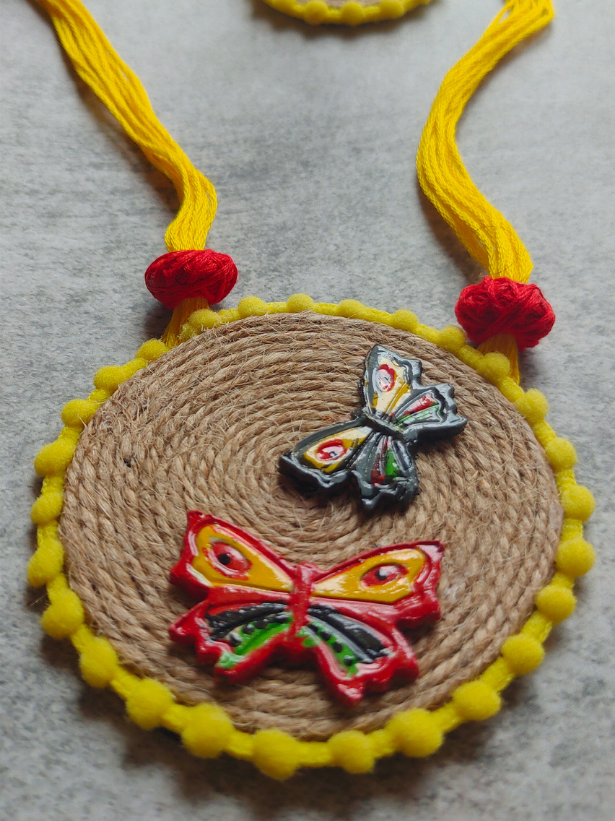 Handcrafted Jute and Fabric Necklace Set with Wooden Birds