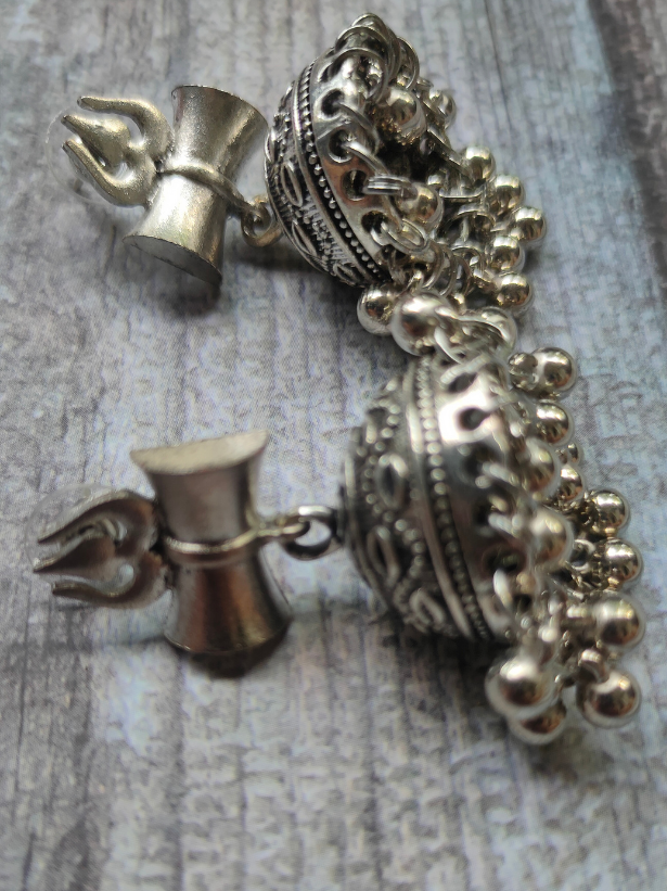 Set of 3 - Lotus Motif Long Chain Necklace with Ring and Trishul Earrings