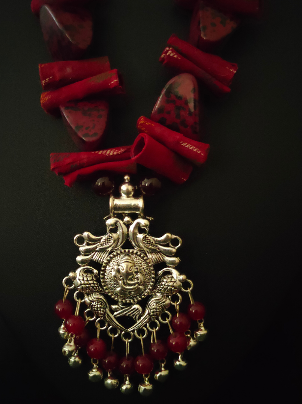 Statement Multi-Color Necklace Set with Tibetan Stones and Fabric
