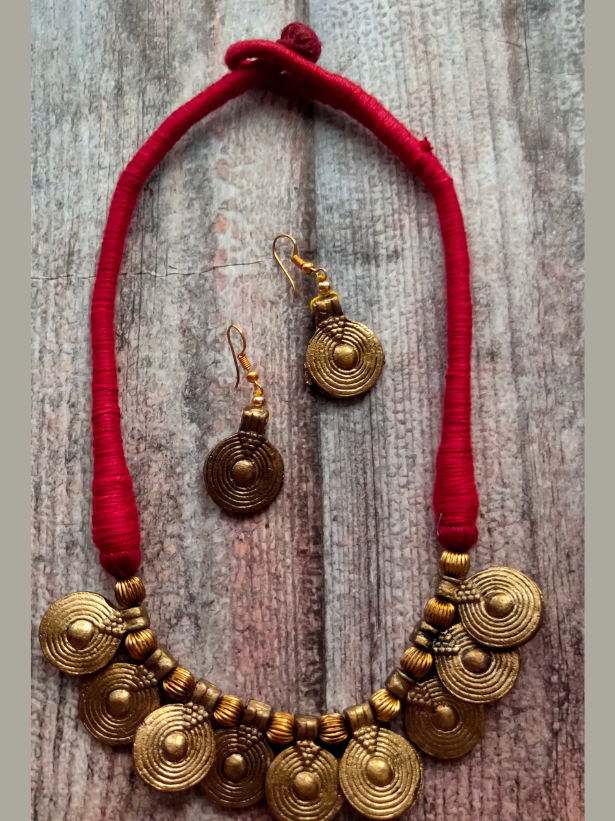 Brass Finish Dhokra Necklace Set with Thread Closure