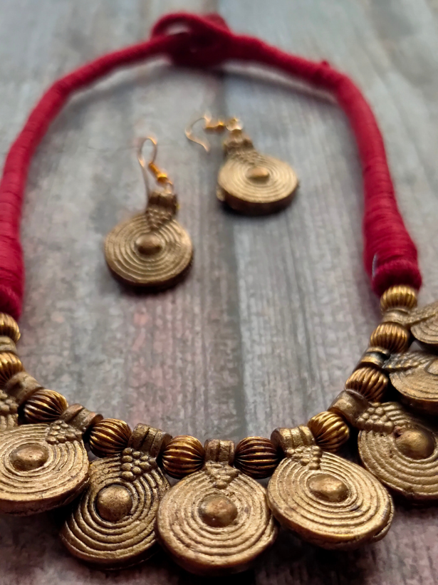 Brass Finish Dhokra Necklace Set with Thread Closure