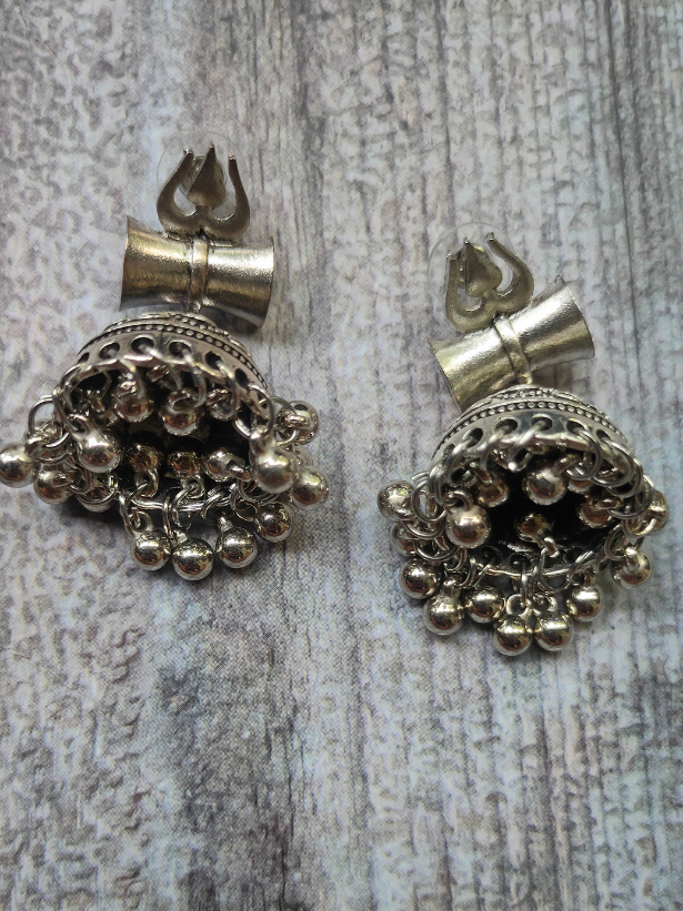 Set of 3 - Lotus Motif Long Chain Necklace with Ring and Trishul Earrings