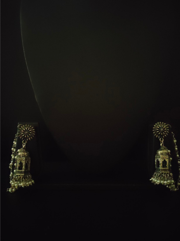 Mahal Shape Long Jhumka Earrings with Ear Chain