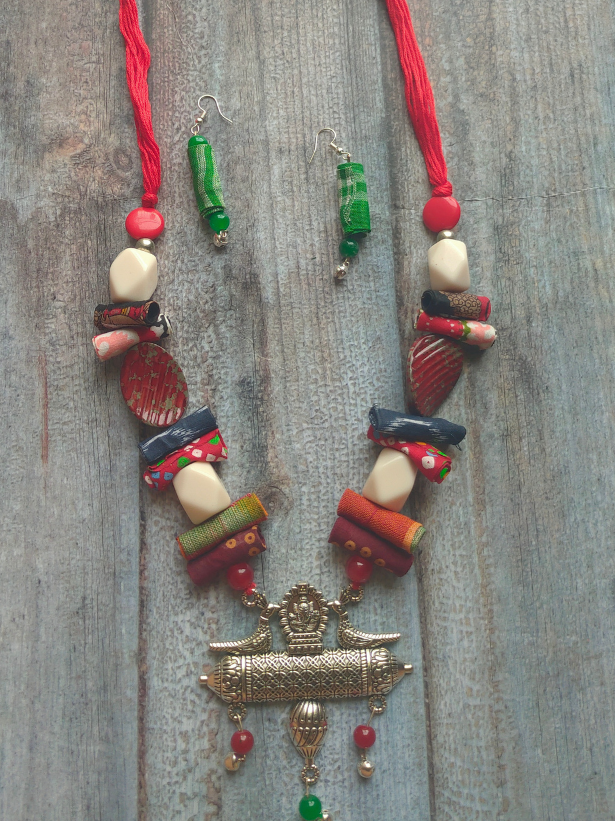 Statement Multi-Color Necklace Set with Tibetan Stones and Fabric