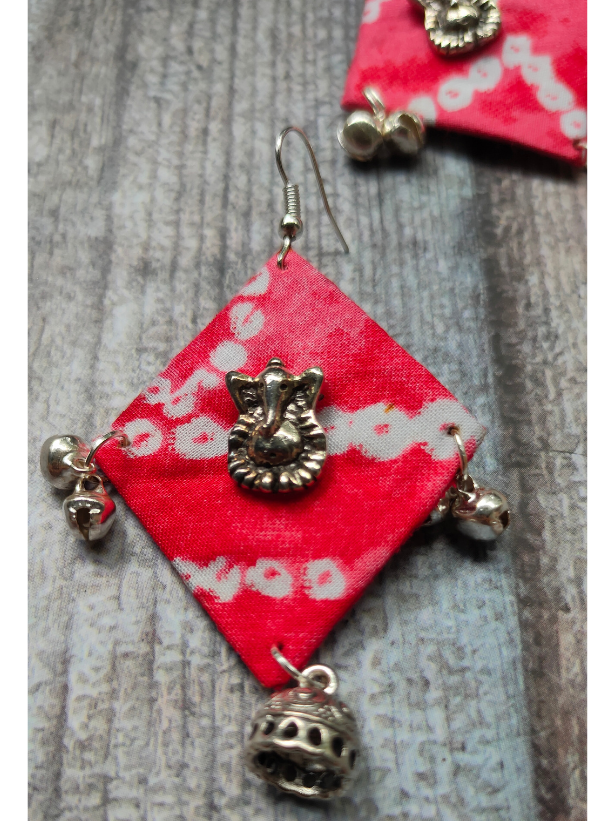 Bright Pink Fabric Dangler Earrings with Metal Ganesha Motif