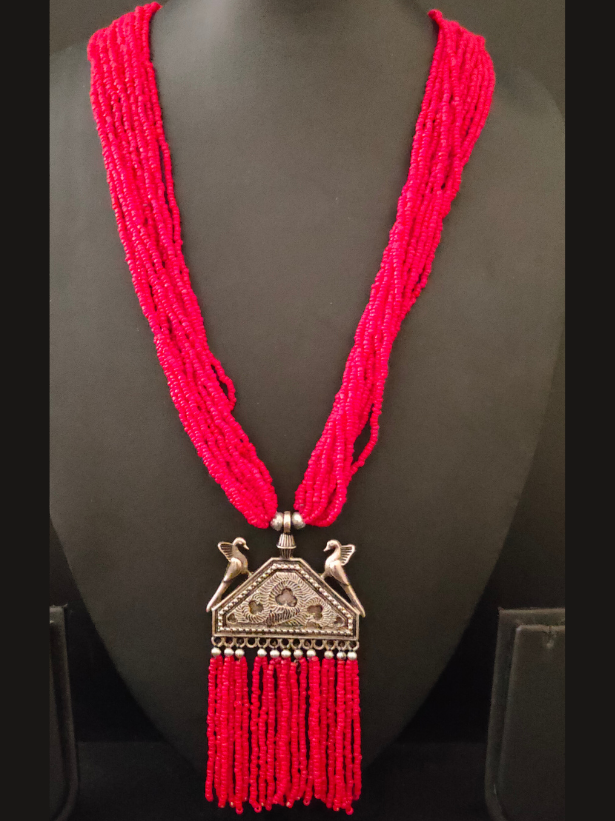 Red Multi Layer Beaded Strands Necklace with Metal Birds Pendant
