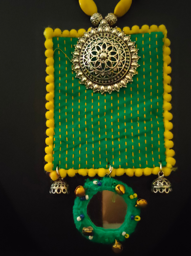 Green Kantha Work Necklace Set with Warrior Metal Pendant and Stones