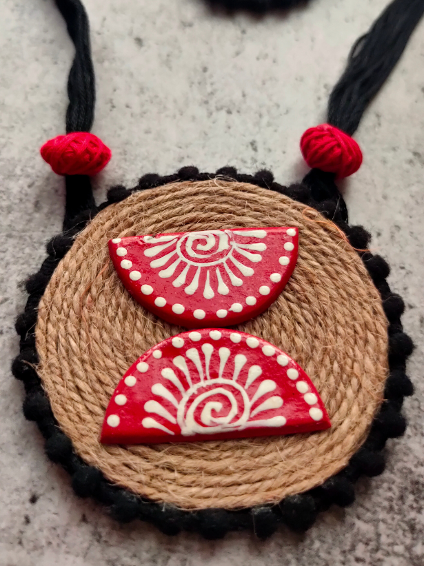 Jute and Fabric Necklace Set with Hand Painted Wooden Pendant