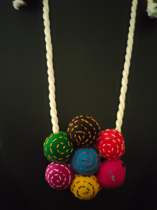 Kantha Work Fabric Necklace Set with Rope Closure and Shell Earrings