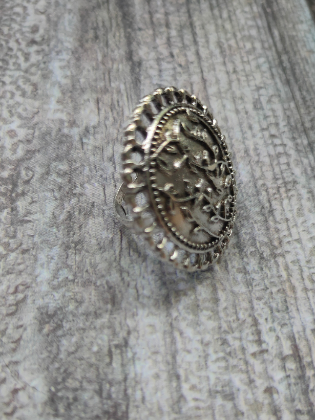 Set of 3 - Lotus Motif Long Chain Necklace with Ring and Trishul Earrings