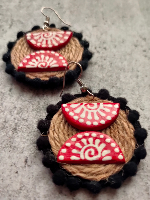 Jute and Fabric Necklace Set with Hand Painted Wooden Pendant