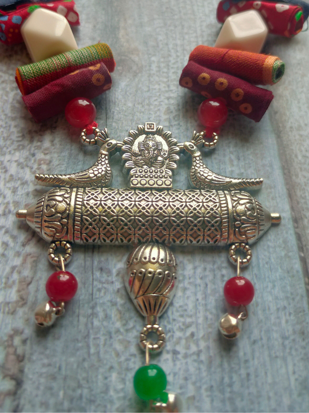 Statement Multi-Color Necklace Set with Tibetan Stones and Fabric