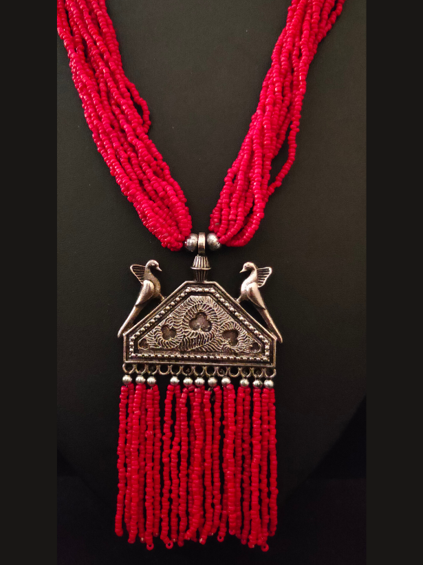 Red Multi Layer Beaded Strands Necklace with Metal Birds Pendant
