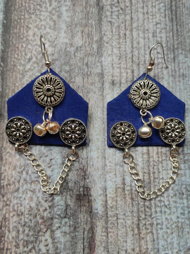 Elegant Ink Blue Fabric Dangler Earrings with Metal Chain String