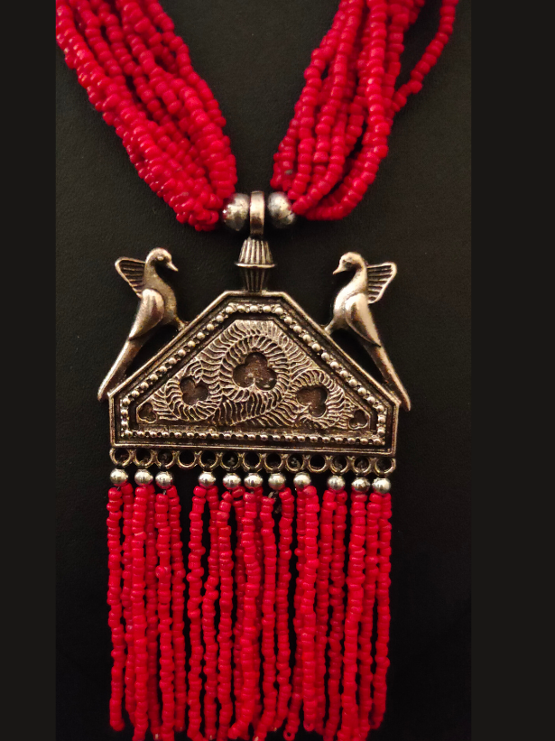 Red Multi Layer Beaded Strands Necklace with Metal Birds Pendant