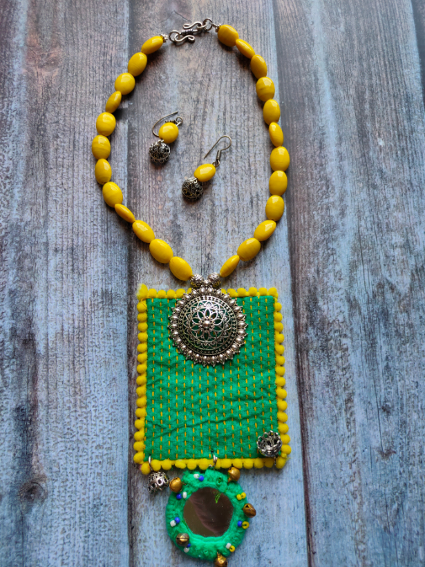 Green Kantha Work Necklace Set with Warrior Metal Pendant and Stones